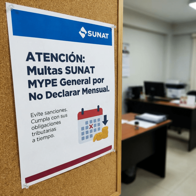 SUNAT notice: ATENCIÓN: Multas SUNAT MYPE General por No Declarar Mensual. Evite sanciones. Cumpla con sus obligaciones tributarias a tiempo.