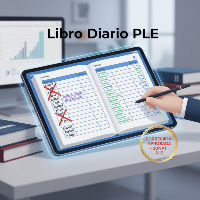 Tablet displaying Libro Diario PLE with Error en Asiento Reclasificación and SUNAT approved seal.